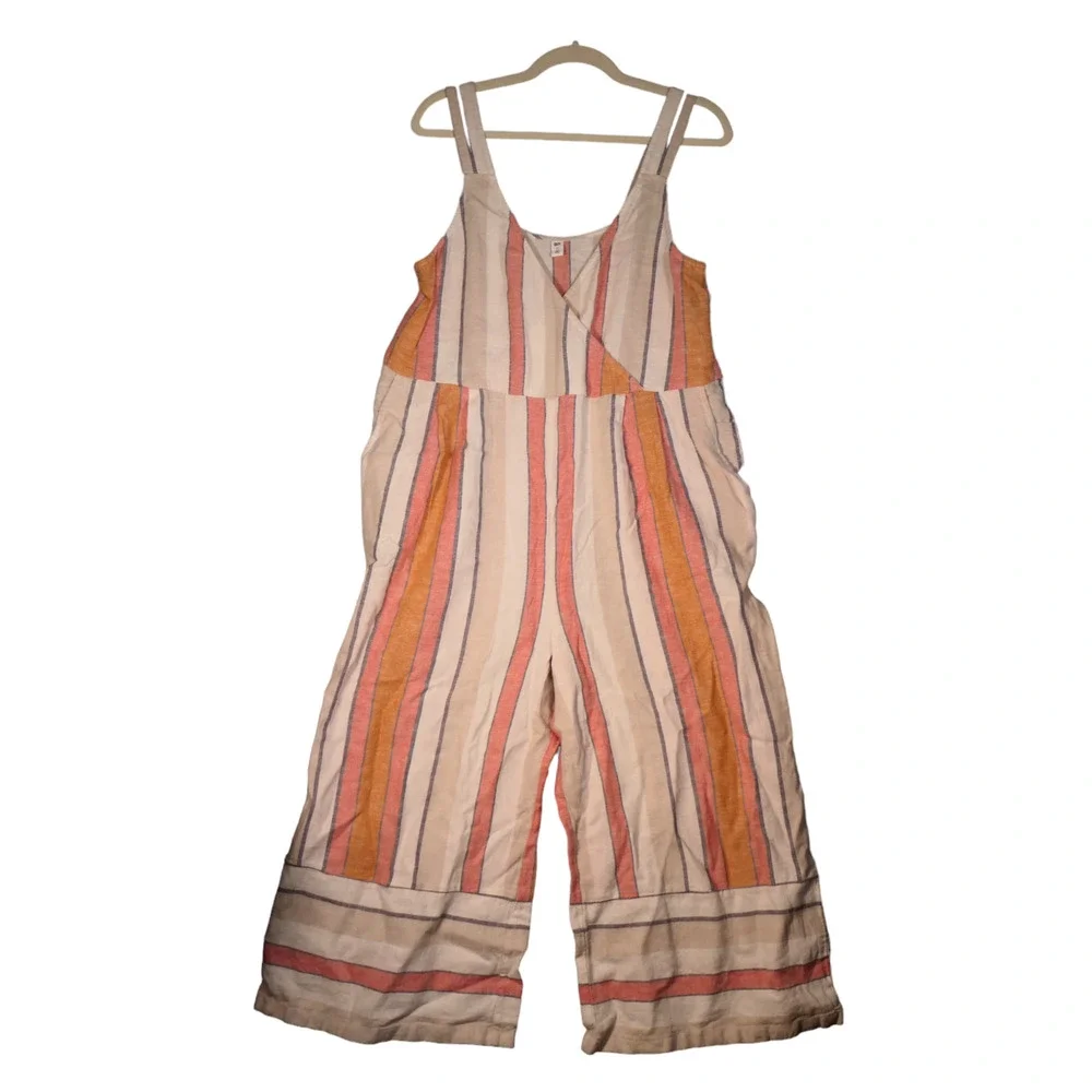 BP Jumpsuit Womens M Ivory Striped Wide Leg Pockets Linen Blend Gauzy Beachy - Picture 1 of 11